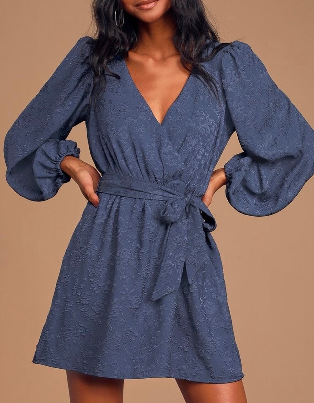 LULUS Its Love Jacquard Balloon Sleeve Mini Dress Navy Blue Small S